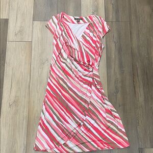 Tommy Bahama Pink, White & Tan Striped Wrap Midi Dress